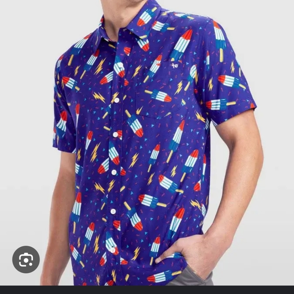 Tipsy Elves Men's Button Down Short Sleeve Shirt Blue Bomb Pop Size XL